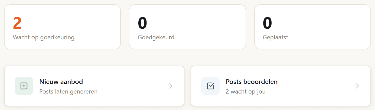 FreshCast-dashboard met openstaande en geplaatste posts